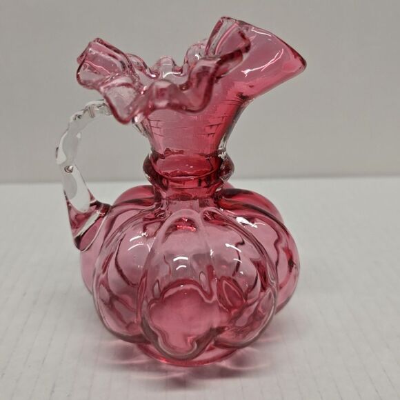 Vintage 60s Fenton Pitcher Vases Cranberry Glass Quilted Melon with Ruffled Edge - Picture 4 of 8